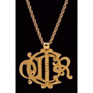 Christian Dior Vintage Insignia Logo Pendant Necklace Huge Script Monogram Bin1